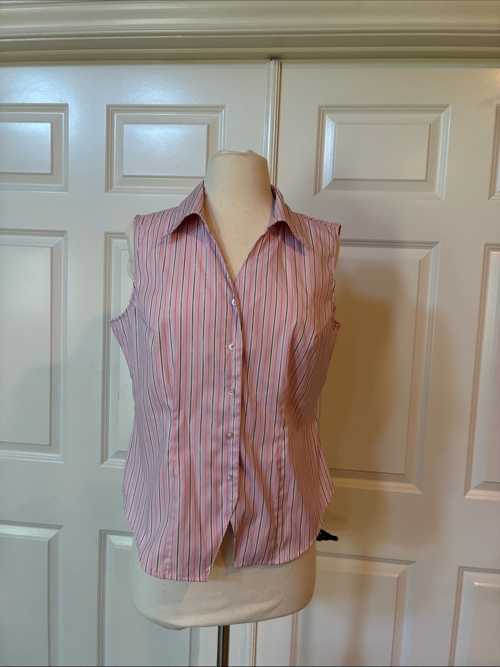 Cotton Express Pink and White Striped Sleeveless Button-Down